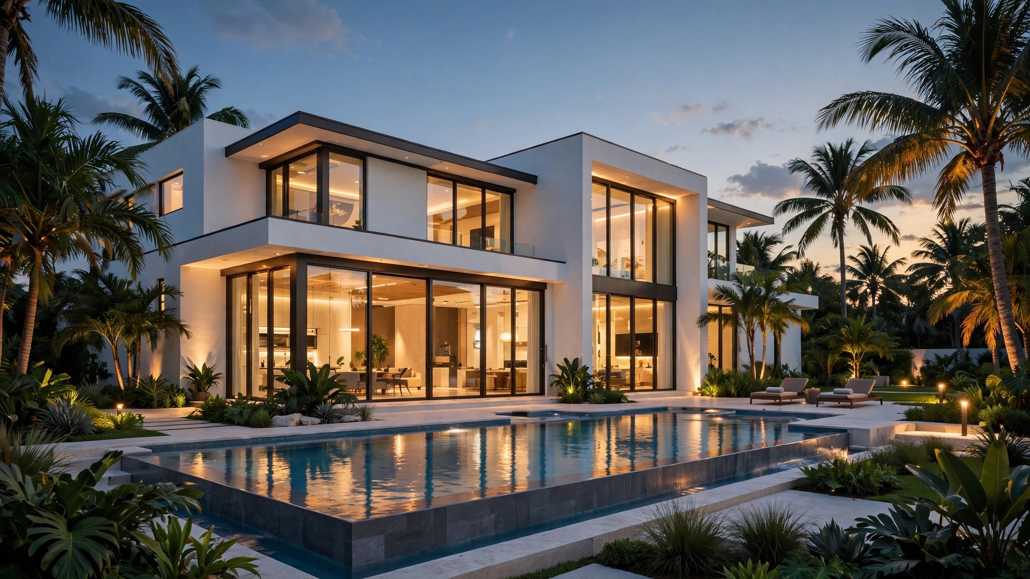 Modern South Florida home with a pool at dusk
